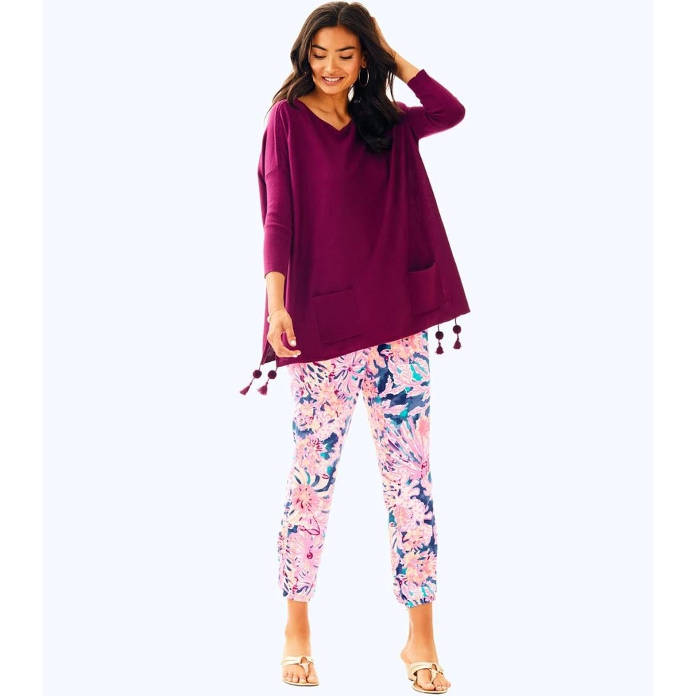 Lilly Pulitzer XS Elba‎ Sweater Burgundy 3/4 Sleeve Lightweight Pockets Tassels